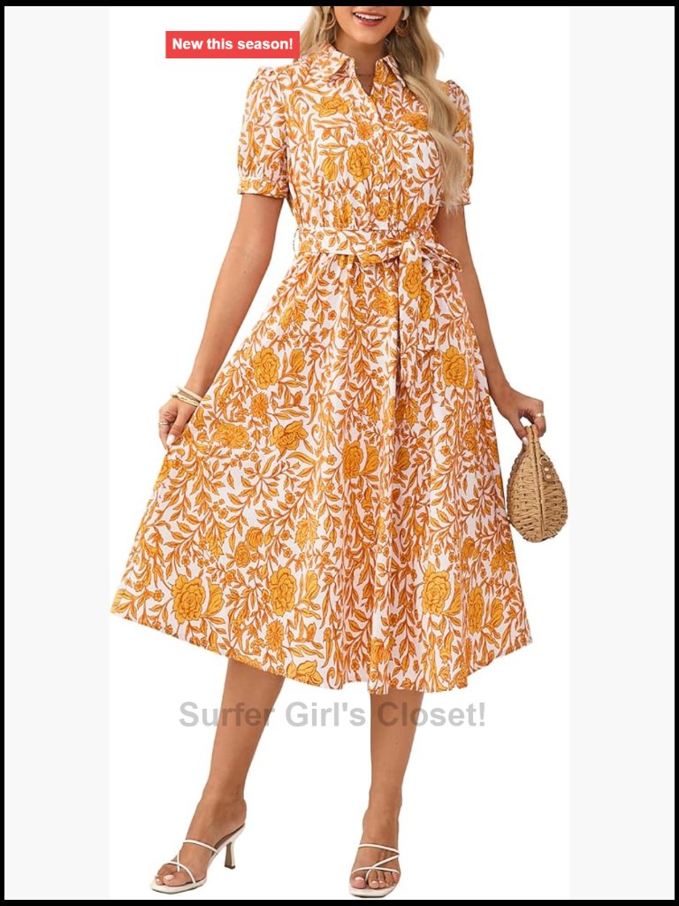 Women's Cotton Boho Midi Dress Puff Sleeve Flowy Floral Wedding Guest With